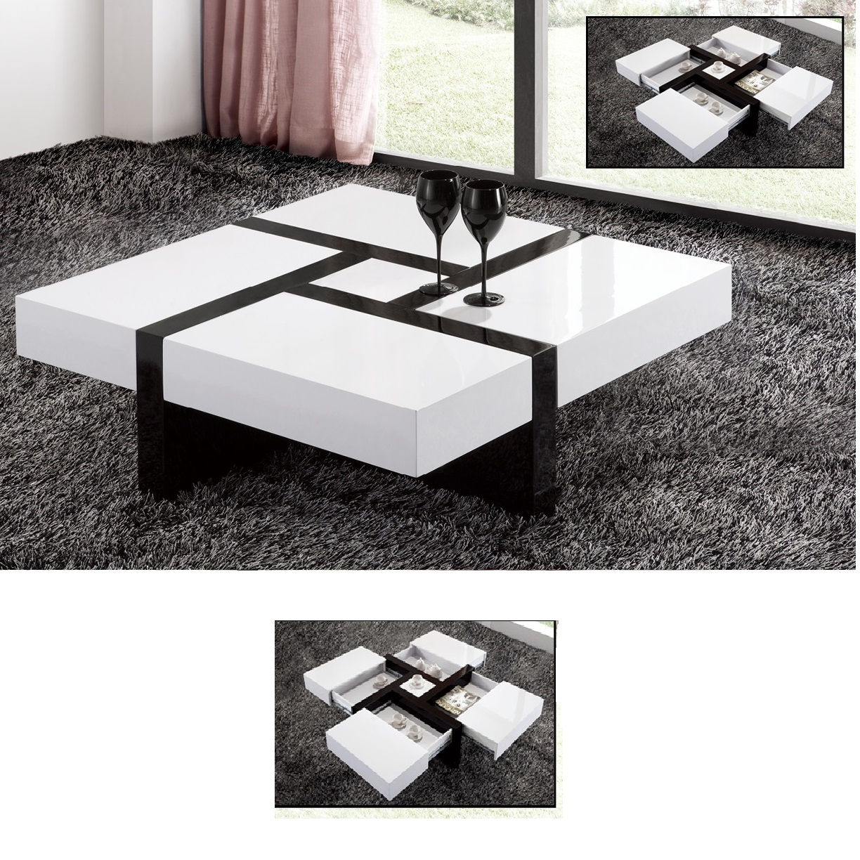 ST C18 sqaure coffee table roomset - Extendable High Gloss Coffee Table