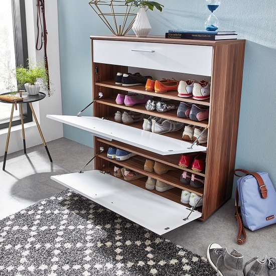 bigfoot shoe cabinet walnut white open - Clever Ideas For Organising Your Hallway Shoe Storage